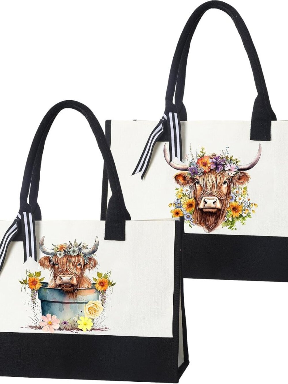 2 Pcs Highland Cow Tote Bag Book Lovers Gifts Reusable Floral Canvas Tote Bag Te